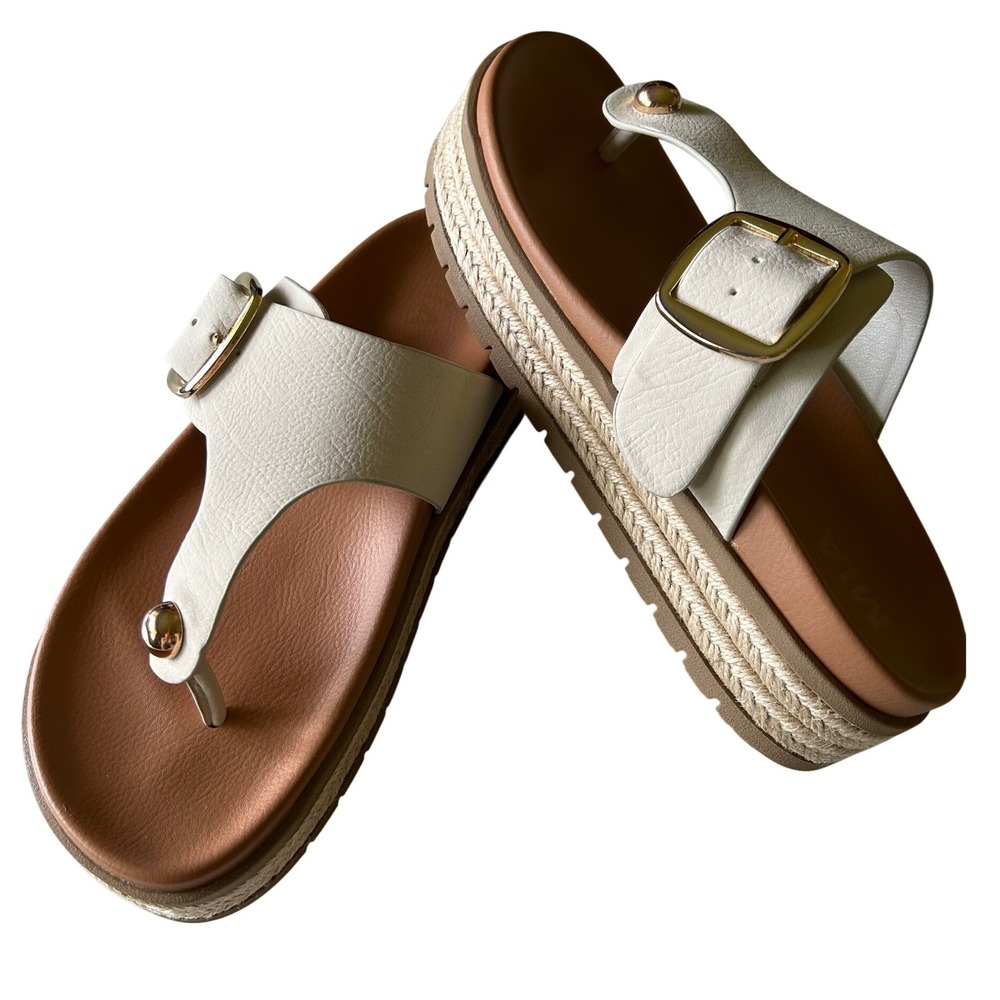 New MIA Womens Cream Raffia Thong Platform Sandals Gold Buckle Marylynne  7.5M
